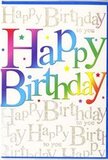 A festive birthday card that feels perfectly suited to a cheerful gathering in Earls Court, its front alive with the large, radiant words Happy Birthday displayed in sweeping, rainbow-coloured letters. Each character is painted in a smooth gradient that glides from deep crimson through shades of orange, sunshine yellow, grassy green, ocean blue, and gentle purple, resembling a line of balloons or party flags strung above a celebration on a terrace off Earls Court Road. The letters are plump and softly contoured, with a light shadow and glossy sheen that lend them a buoyant, almost balloon-like quality. Behind this central message, the background is richly patterned with a delicate layer of golden script, the phrase Happy Birthday to you repeated in looping, cursive handwriting from edge to edge. This script shimmers subtly, as though written in fine metallic ink, and catches the light in small flashes reminiscent of evening lights reflecting on nearby Kensington rooftops. The card's finish appears smooth and slightly lustrous, with tiny star-like specks and soft reflections scattered across the golden field, adding a gentle sparkle that enhances, rather than competes with, the main rainbow greeting. Overall, the design feels both joyful and refined-vibrant enough for a child's party, yet polished enough for an adult celebration. One can imagine this card chosen at Earls Court Florist and nestled beside a bright bouquet, ready for hand delivery to a birthday lunch on Old Brompton Road or a cosy gathering near West Kensington, its colours and golden script capturing the essence of being warmly, joyfully celebrated.
